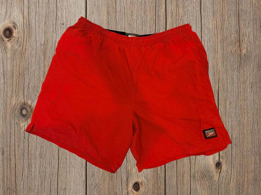 Vintage Speedo Men's Red Swim Trunks with Mesh Lining and Elastic Waistband
